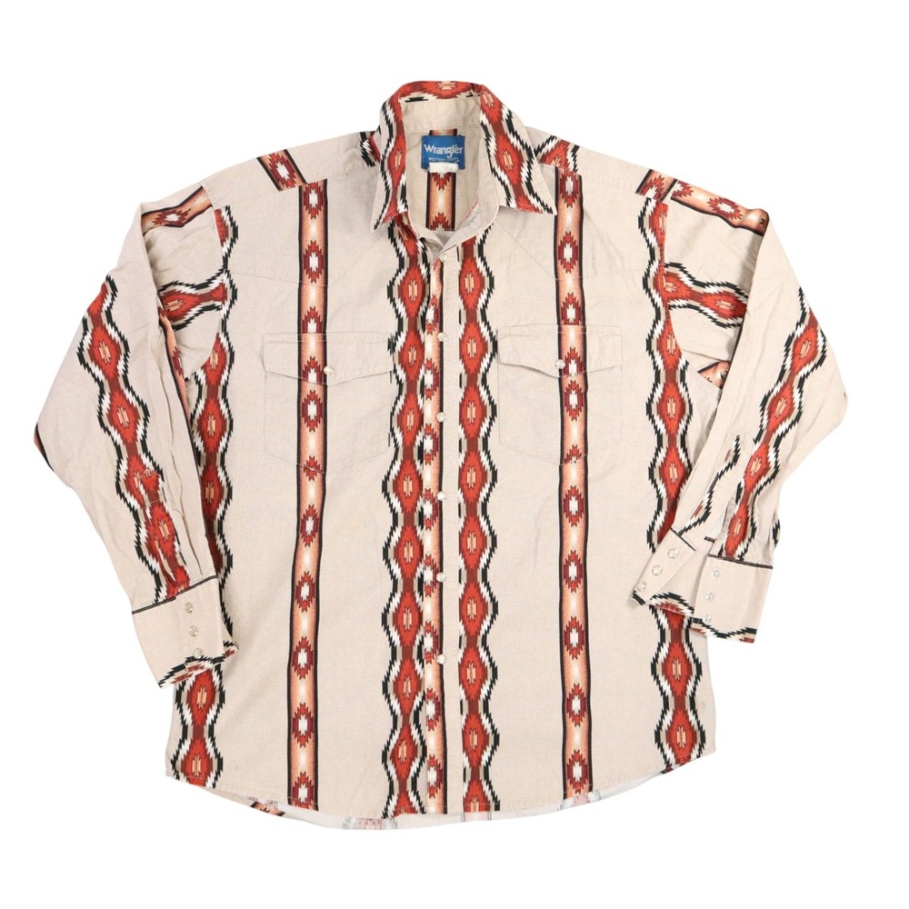 Wrangler Western Shirt Mens XL Tan Aztec Stripe Snap Button Cotton 90s Cowboy
